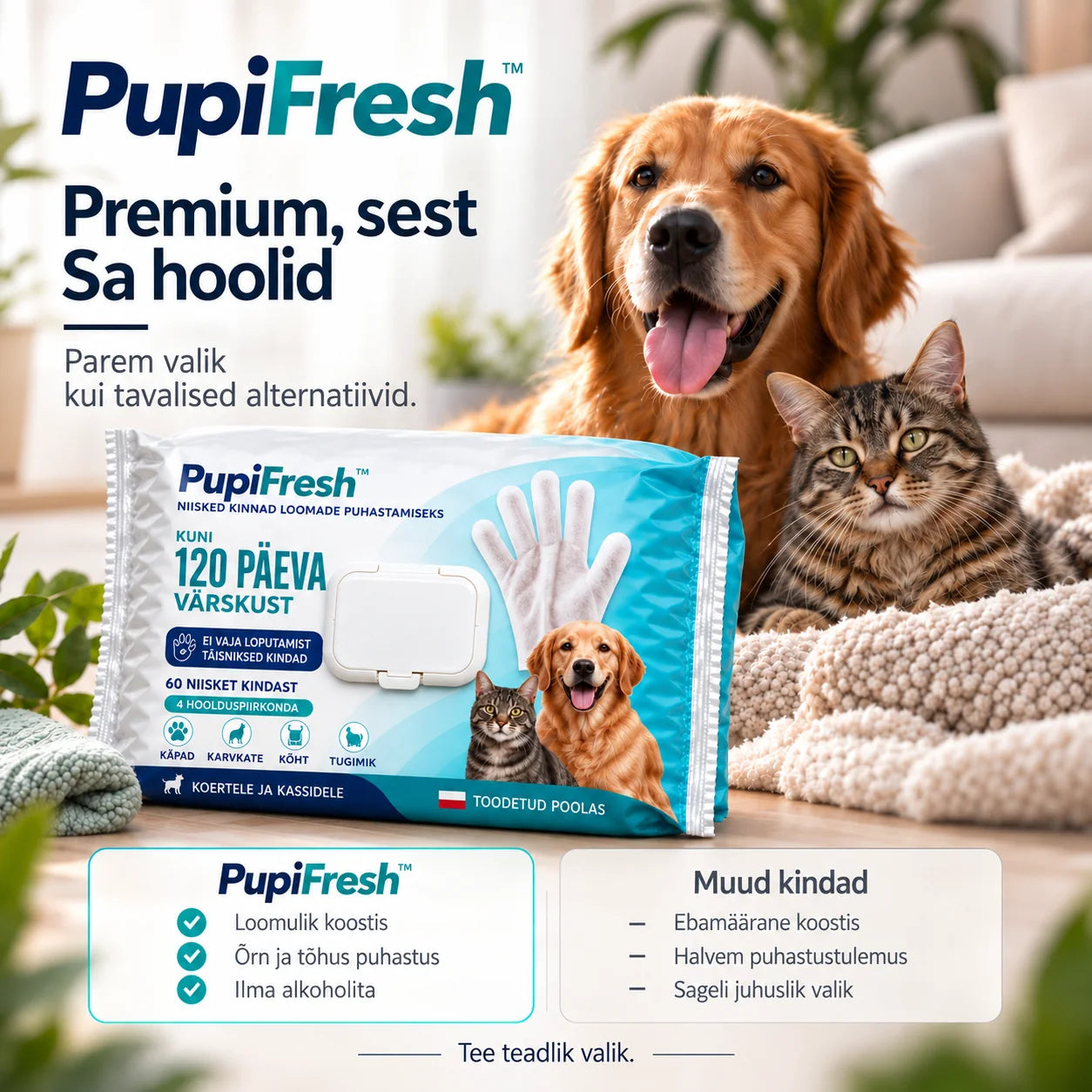 PupiFresh niisked hoolduskindad koertele ja kassidele
